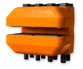Frenos Hidraulicos Directos Svendborg Brakes Vista frontal con freno directos sin carga con la mordaza abierta. Se ven los pistones. De color naranja.